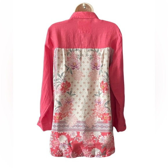 Karyn Seo Boho Tunic Handmade 100% Linen Shirt Large Coral Buttons Floral Back - Picture 4 of 10